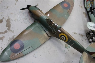 Lot 3677 - Four scratch-built radio controlled model aircraft including Spitfire, Mustang ME 109 and a Chipmunk, together with two controllers and one additional wing (qty)