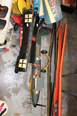 Lot 3679 - Six scratch built radio controlled model aircraft including Tiger Moth, Pitts Special, First World War Type German plane, Hawk and two others, together with two controllers and one additional wing...