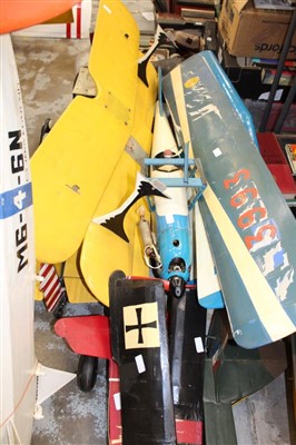 Lot 3679 - Six scratch built radio controlled model aircraft including Tiger Moth, Pitts Special, First World War Type German plane, Hawk and two others, together with two controllers and one additional wing...