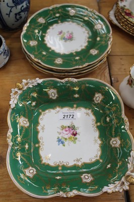 Lot 2172 - Royal Crown Derby part dessert service with gilt decoration on green ground, retailed by Phillips's Ltd London, five pieces