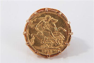 Lot 3382 - 1918 gold full sovereign in 9ct gold ring mount