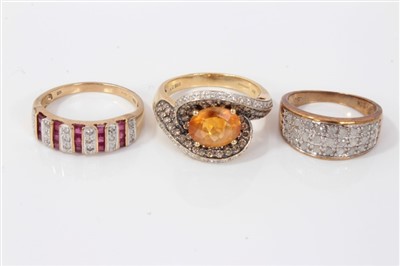 Lot 3387 - Three 9ct gold dress rings set with diamonds and gem stones