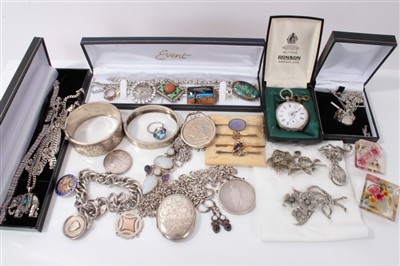 Lot 3396 - Group of silver and white metal jewellery to include bangles, lockets, marcasite set brooches and other pieces