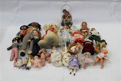 Lot 2852 - Selection of dolls and soft toys, including miniature china and other doll house dolls, fabric sailor doll, Merrythought rabbit and golly, plus two other gollies