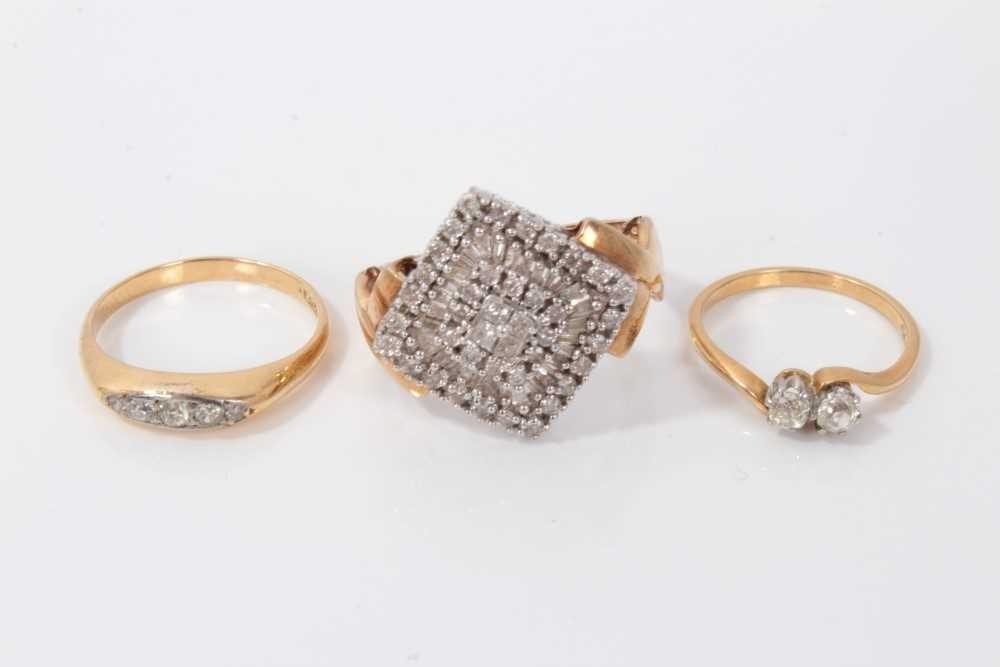 Lot 3398 - Three gold rings set with diamonds, two in 18ct gold settings