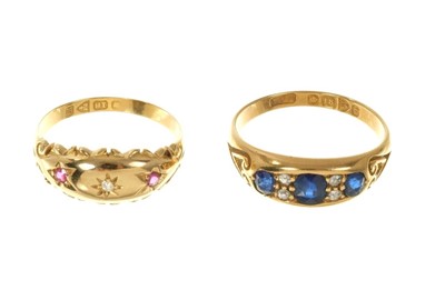 Lot 543 - 2 Victorian rings (1 sapphire and diamond, the other ruby and diamond chips)