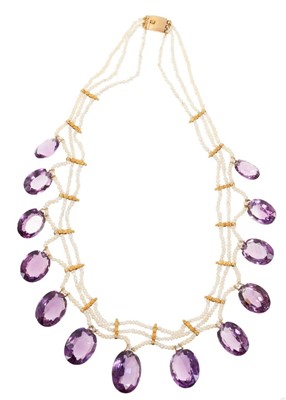 Lot 434 - Mid 19th century amethyst and seed pearl necklace comprising swags of seed pearls and wired amethyst drops strung with high carat gold spacers, circa 1850