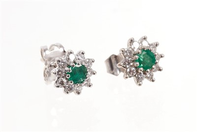 Lot 435 - Pair of emerald and diamond cluster earrings in 18ct white gold setting, in Mappin & Webb box