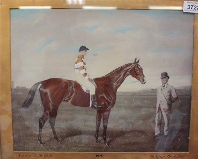 Lot 3722 - 19th century framed tinted equestrian picture of a jockey and horse, Mimi with F. Rickaby, trainer M. Dawson. Mimi was the winner of The Oaks and One Thousand Guineas. In original glazed gilt frame...