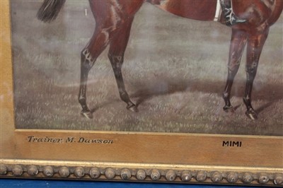 Lot 3722 - 19th century framed tinted equestrian picture of a jockey and horse, Mimi with F. Rickaby, trainer M. Dawson. Mimi was the winner of The Oaks and One Thousand Guineas. In original glazed gilt frame...
