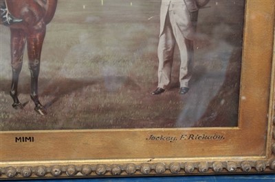 Lot 3722 - 19th century framed tinted equestrian picture of a jockey and horse, Mimi with F. Rickaby, trainer M. Dawson. Mimi was the winner of The Oaks and One Thousand Guineas. In original glazed gilt frame...