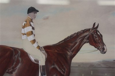 Lot 3722 - 19th century framed tinted equestrian picture of a jockey and horse, Mimi with F. Rickaby, trainer M. Dawson. Mimi was the winner of The Oaks and One Thousand Guineas. In original glazed gilt frame...