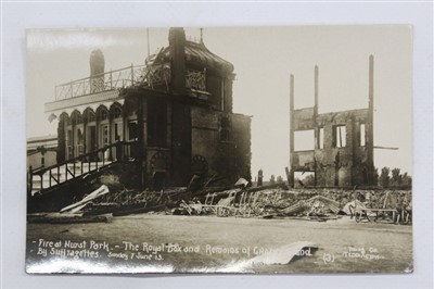 Lot 2506 - Postcard Suffragettes Real photographic card 1913 Fire at Hurst Park. The Royal Box and remains of the Grandstand, Sunday 7 June 1913. Local photographer Young & Co.  A rare and historically intere...