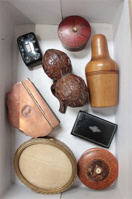 Lot 3744 - Group of treen and metal Snuff boxes together with a medicine bottle in fruitwood outer case