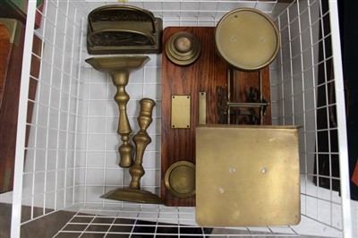 Lot 3749 - Brass letter / Parcel scales, brass letter rack and brass candlesticks (3)