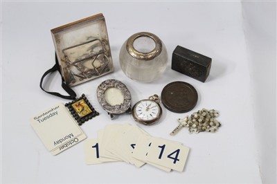 Lot 3739 - Group of various items to include Glass Match Striker, silver mounted Perpetual calendar, 1797 cartwheel penny, fob watch and sundries