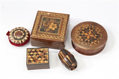 Lot 3743 - Group of Victorian Tunbridge Ware To include pin cushion, snuff box and thimble case