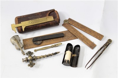 Lot 3745 - Group of various items to include Victorian Leather cigar case dated 1855, champagne tap and a sector rule