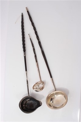 Lot 3750 - Three horn handled toddy ladles, two silver, one plated