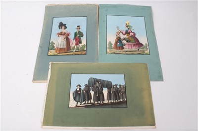 Lot 896 - Three early 19th Century Italian hand coloured aquatints with black lines edged with green gouache. Including ‘Flower Girls, Florence’, ‘A Gentlemen and Lady’, ‘Costume della Misericordia di Firenz...