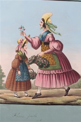 Lot 896 - Three early 19th Century Italian hand coloured aquatints with black lines edged with green gouache. Including ‘Flower Girls, Florence’, ‘A Gentlemen and Lady’, ‘Costume della Misericordia di Firenz...