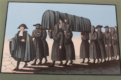 Lot 896 - Three early 19th Century Italian hand coloured aquatints with black lines edged with green gouache. Including ‘Flower Girls, Florence’, ‘A Gentlemen and Lady’, ‘Costume della Misericordia di Firenz...