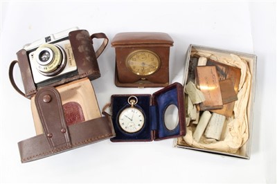 Lot 3758 - Gold plated open faced pocket watch in leather case, vintage travelling timepiece, collection of early 20th century brass engraved printing plates and an Illford camera