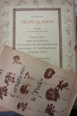 Lot 2509 - Books - Mr Gould’s Tropical Birds, limited edition 406/1000, in slip cover, Old Carnations and Pinks by Oscar Moreton, three volumes of Redoute Fruits and Flowers and Roses, together with a binding...