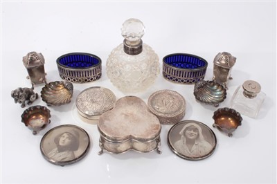 Lot 3708 - Two silver circular boxes, silver condiments, pair silver frames, white metal dog and sundry silver