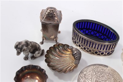 Lot 3708 - Two silver circular boxes, silver condiments, pair silver frames, white metal dog and sundry silver