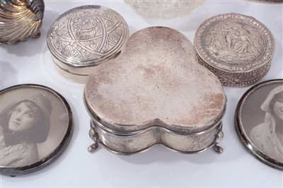 Lot 3708 - Two silver circular boxes, silver condiments, pair silver frames, white metal dog and sundry silver