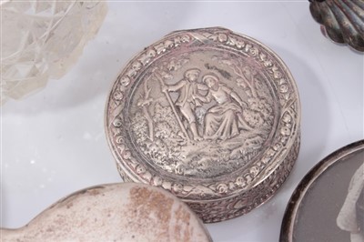 Lot 3708 - Two silver circular boxes, silver condiments, pair silver frames, white metal dog and sundry silver