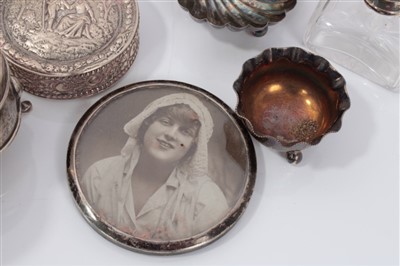 Lot 3708 - Two silver circular boxes, silver condiments, pair silver frames, white metal dog and sundry silver