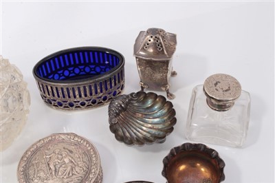 Lot 3708 - Two silver circular boxes, silver condiments, pair silver frames, white metal dog and sundry silver