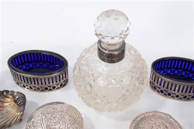 Lot 3708 - Two silver circular boxes, silver condiments, pair silver frames, white metal dog and sundry silver