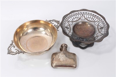 Lot 3709 - Edwardian silver hip flask, silver bon-bon dish and white metal wine taster (3)