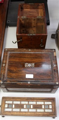 Lot 3711 - Regency inlaid rosewood cribbage box with parquetry decoration on bun feet 29cm, Regency rosewood needlework box with fitted interior and an instrument box (3)