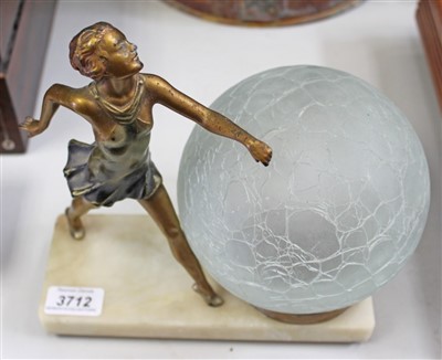 Lot 3712 - Art Deco table lamp with gilt metal female figure mount, crazed glass globular shade on rectangular alabaster base 22cm