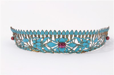 Lot 3402 - Fine quality 19th century Chinese tiara/head band with kingfisher feather decoration in an openwork floral design with three red stone cabochons.