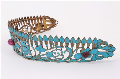 Lot 3402 - Fine quality 19th century Chinese tiara/head band with kingfisher feather decoration in an openwork floral design with three red stone cabochons.