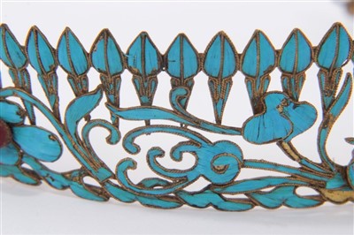 Lot 3402 - Fine quality 19th century Chinese tiara/head band with kingfisher feather decoration in an openwork floral design with three red stone cabochons.
