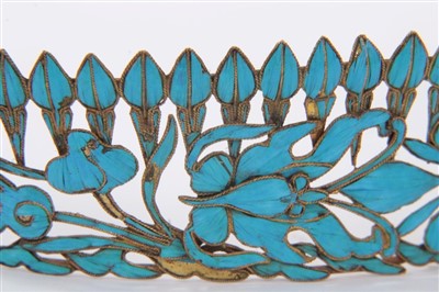 Lot 3402 - Fine quality 19th century Chinese tiara/head band with kingfisher feather decoration in an openwork floral design with three red stone cabochons.