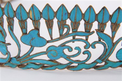 Lot 3402 - Fine quality 19th century Chinese tiara/head band with kingfisher feather decoration in an openwork floral design with three red stone cabochons.