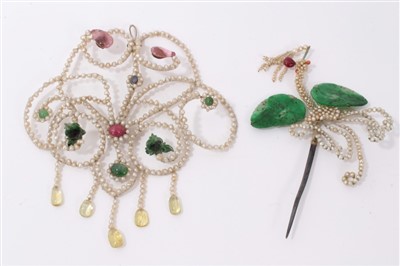 Lot 3405 - 19th Century Chinese hair ornament with two carved jade/hardstone panels  and seed pearls, 12cm together with a Chinese seed pearl and gem-set ornament 13cm x 12cm