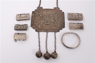 Lot 3408 - Antique Chinese silver necklace with an embossed plaque decorated with a dragon and figure, a Chinese white metal bangle and five similar padlocks