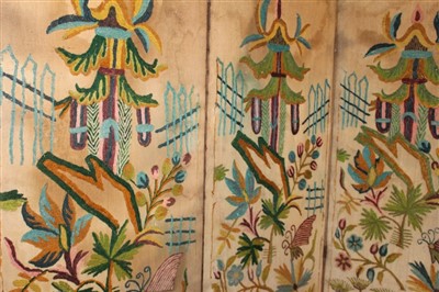 Lot 3107 - 1930s Crewel work four fold screen. Embroidered using wool thread in oriental inspired design
