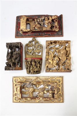 Lot 3776 - 18th / 19th century Chinese relief carved gilt-wood furniture mount, deep relief carved as a courtier and attendants, wax seal verso, 13cm high, together with four further 19th / 20th century centu...