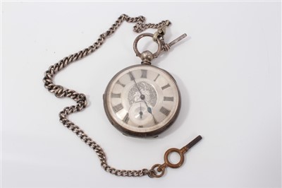 Lot 3421 - Silver cased pocket watch with Albert chain