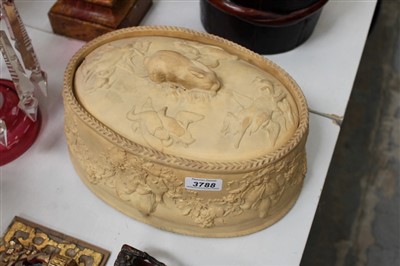 Lot 3788 - 19th century Wedgwood caneware game pie dish and cover, of typical oval moulded form with rabbit finial, 31cm long