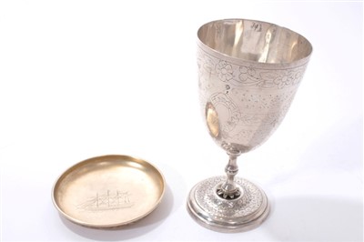 Lot 342 - Egyptian silver goblet, together with silver dish with engraved ship decoration (2)